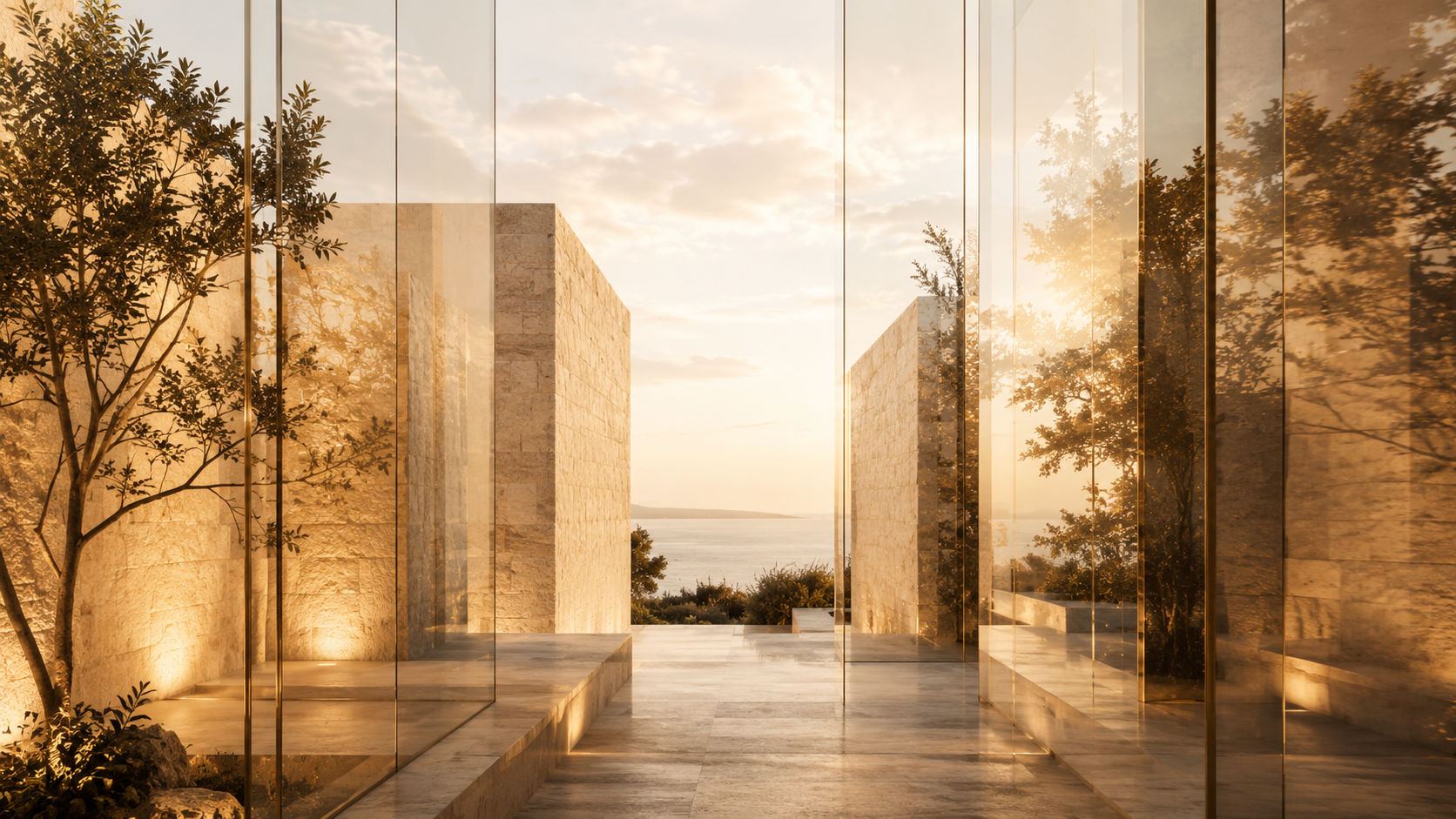 Golden hour stone courtyard